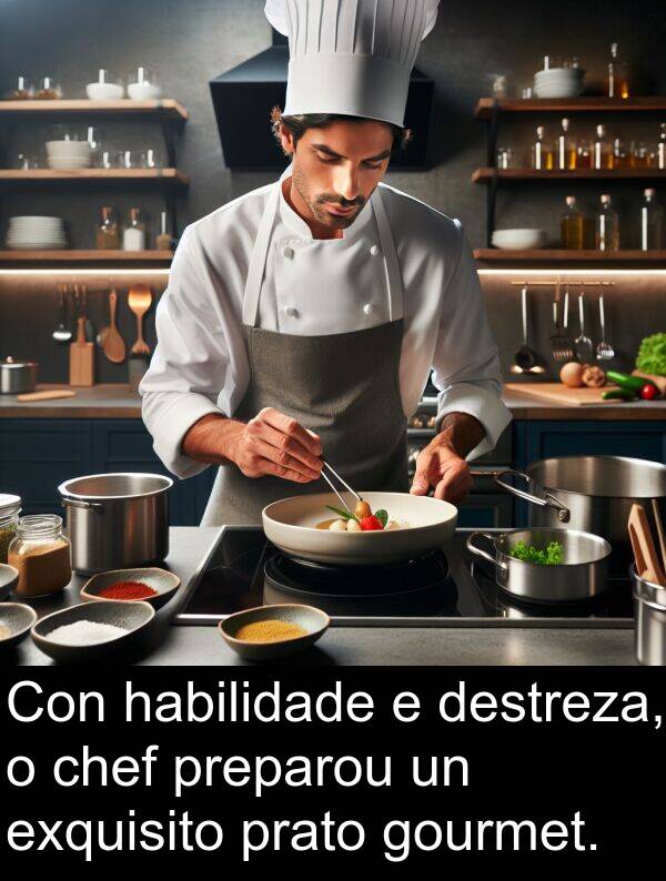 destreza: Con habilidade e destreza, o chef preparou un exquisito prato gourmet.