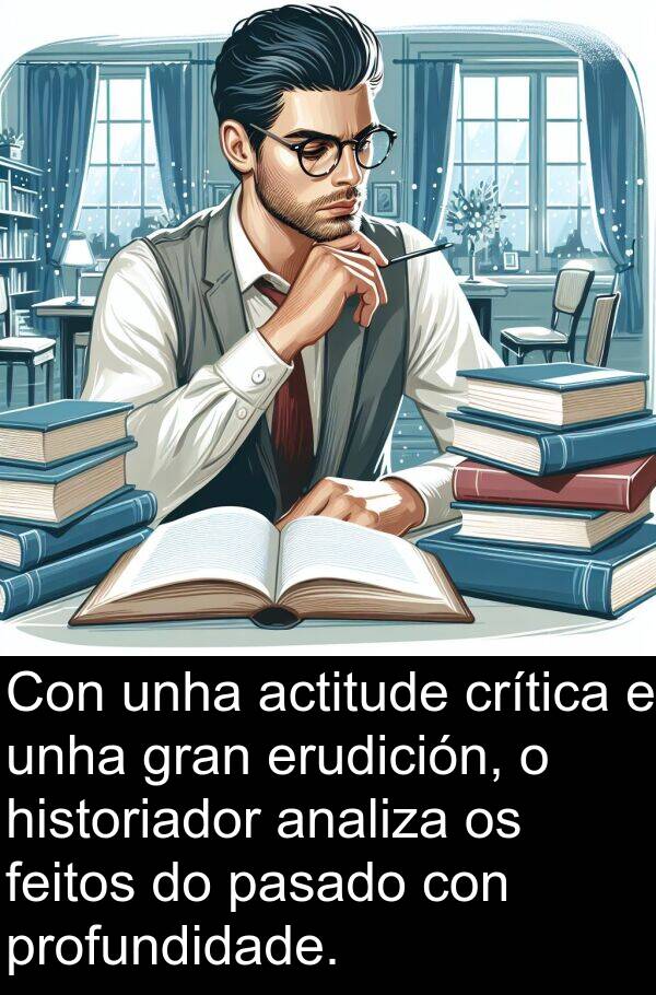 erudición: Con unha actitude crítica e unha gran erudición, o historiador analiza os feitos do pasado con profundidade.