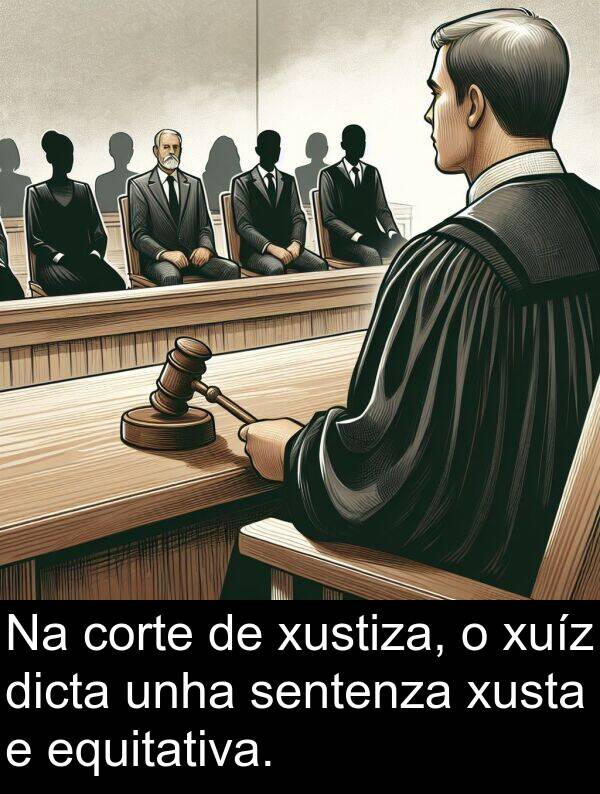 corte: Na corte de xustiza, o xuíz dicta unha sentenza xusta e equitativa.