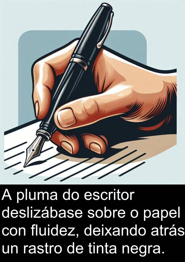 escritor: A pluma do escritor deslizábase sobre o papel con fluidez, deixando atrás un rastro de tinta negra.