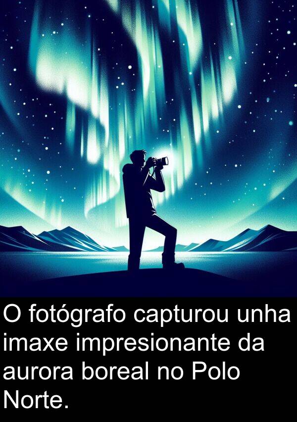 fotógrafo: O fotógrafo capturou unha imaxe impresionante da aurora boreal no Polo Norte.