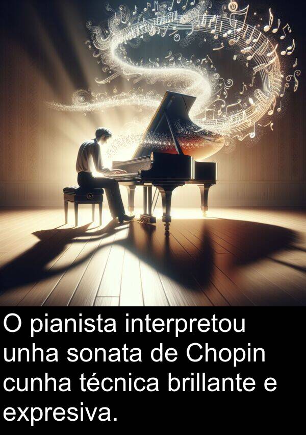 interpretou: O pianista interpretou unha sonata de Chopin cunha técnica brillante e expresiva.