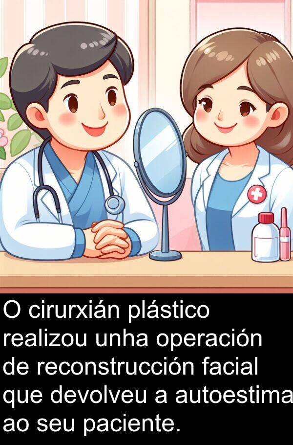 realizou: O cirurxián plástico realizou unha operación de reconstrucción facial que devolveu a autoestima ao seu paciente.