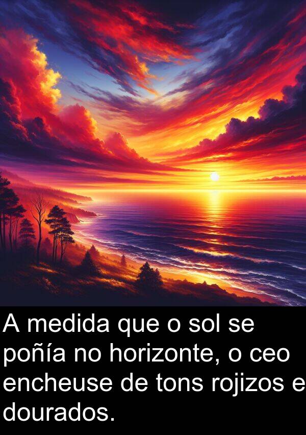 medida: A medida que o sol se poñía no horizonte, o ceo encheuse de tons rojizos e dourados.