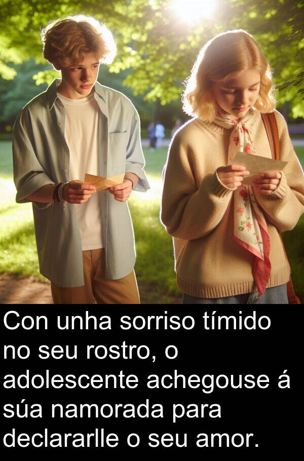 rostro: Con unha sorriso tímido no seu rostro, o adolescente achegouse á súa namorada para declararlle o seu amor.