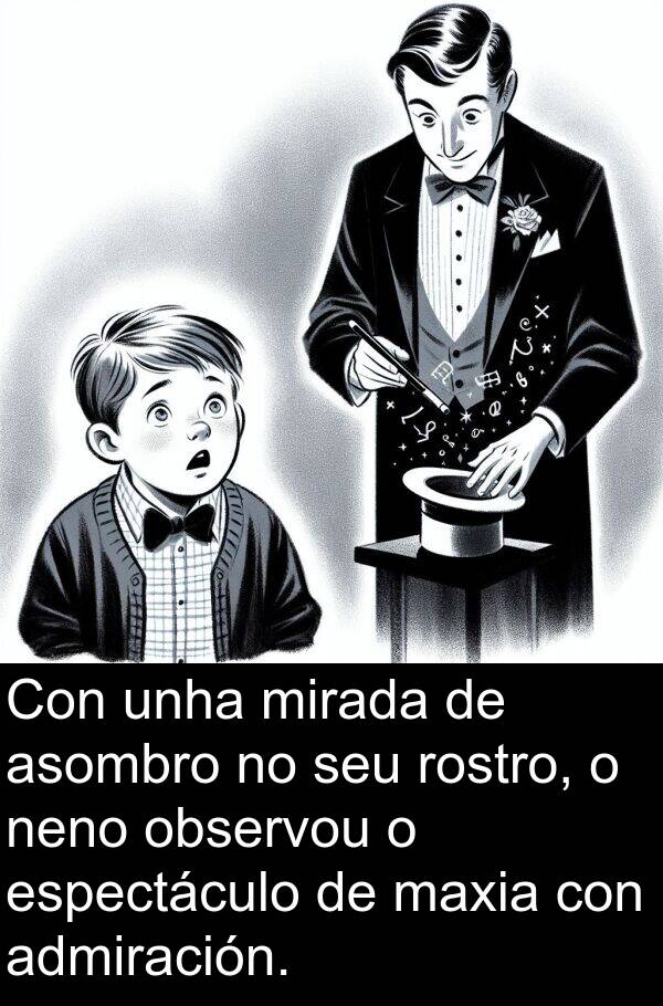 rostro: Con unha mirada de asombro no seu rostro, o neno observou o espectáculo de maxia con admiración.