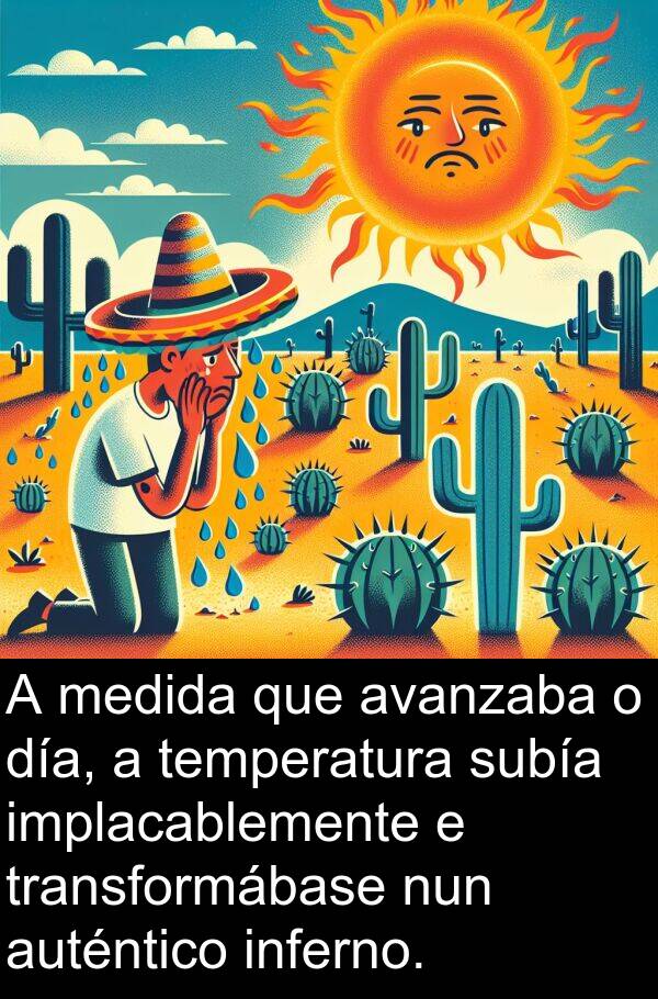 medida: A medida que avanzaba o día, a temperatura subía implacablemente e transformábase nun auténtico inferno.