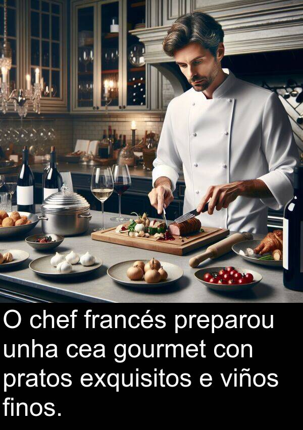 exquisitos: O chef francés preparou unha cea gourmet con pratos exquisitos e viños finos.