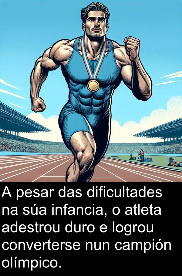 dificultades: A pesar das dificultades na súa infancia, o atleta adestrou duro e logrou converterse nun campión olímpico.