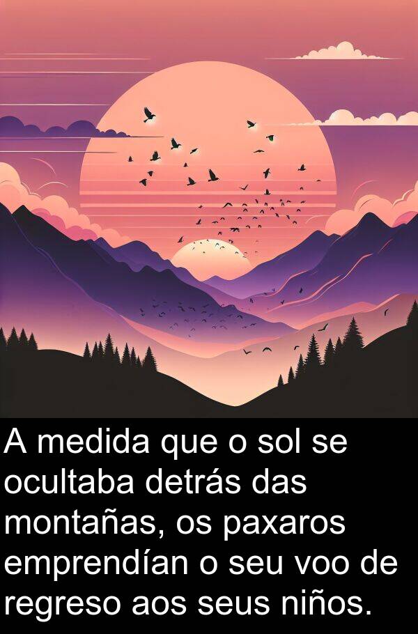 medida: A medida que o sol se ocultaba detrás das montañas, os paxaros emprendían o seu voo de regreso aos seus niños.