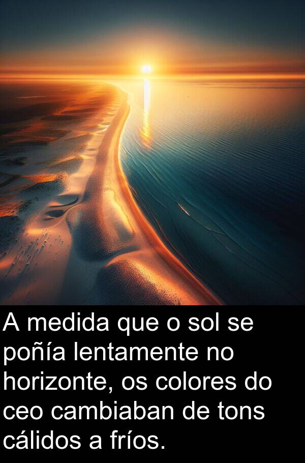 medida: A medida que o sol se poñía lentamente no horizonte, os colores do ceo cambiaban de tons cálidos a fríos.