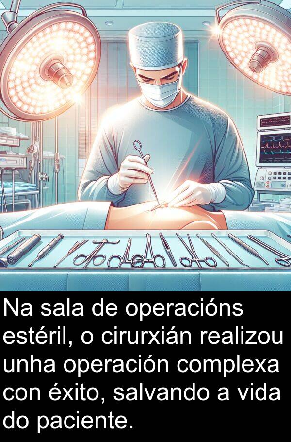 realizou: Na sala de operacións estéril, o cirurxián realizou unha operación complexa con éxito, salvando a vida do paciente.