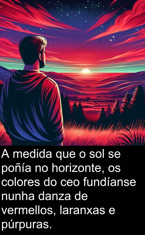 medida: A medida que o sol se poñía no horizonte, os colores do ceo fundíanse nunha danza de vermellos, laranxas e púrpuras.