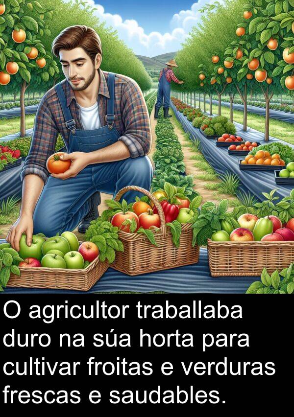 froitas: O agricultor traballaba duro na súa horta para cultivar froitas e verduras frescas e saudables.