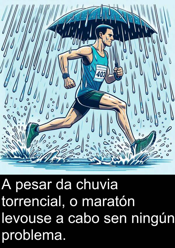 pesar: A pesar da chuvia torrencial, o maratón levouse a cabo sen ningún problema.