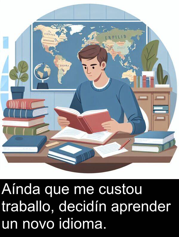 idioma: Aínda que me custou traballo, decidín aprender un novo idioma.