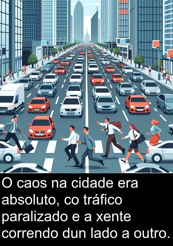 correndo: O caos na cidade era absoluto, co tráfico paralizado e a xente correndo dun lado a outro.