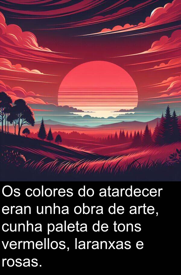 rosas: Os colores do atardecer eran unha obra de arte, cunha paleta de tons vermellos, laranxas e rosas.