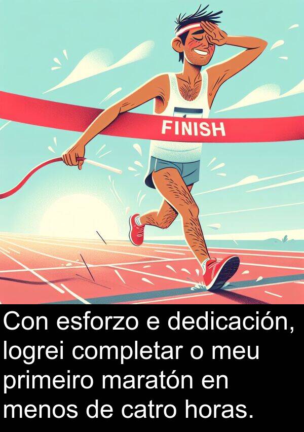 esforzo: Con esforzo e dedicación, logrei completar o meu primeiro maratón en menos de catro horas.