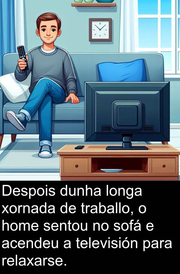 dunha: Despois dunha longa xornada de traballo, o home sentou no sofá e acendeu a televisión para relaxarse.