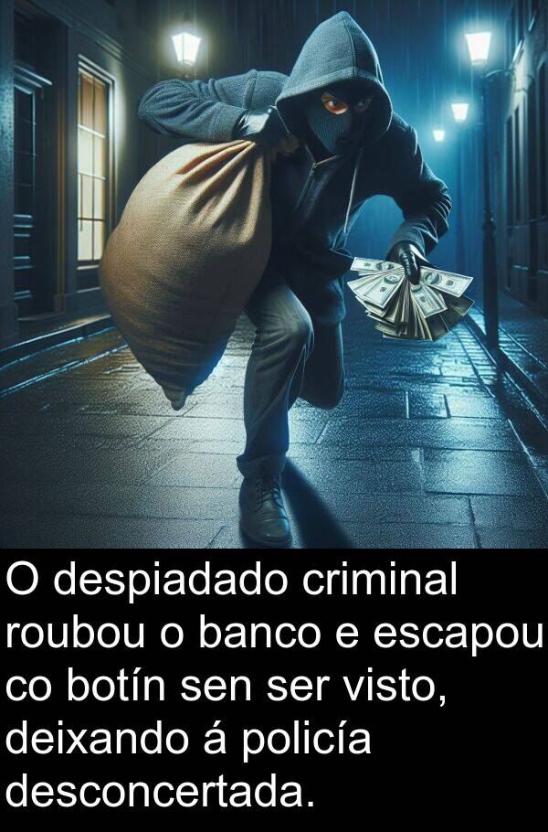 roubou: O despiadado criminal roubou o banco e escapou co botín sen ser visto, deixando á policía desconcertada.