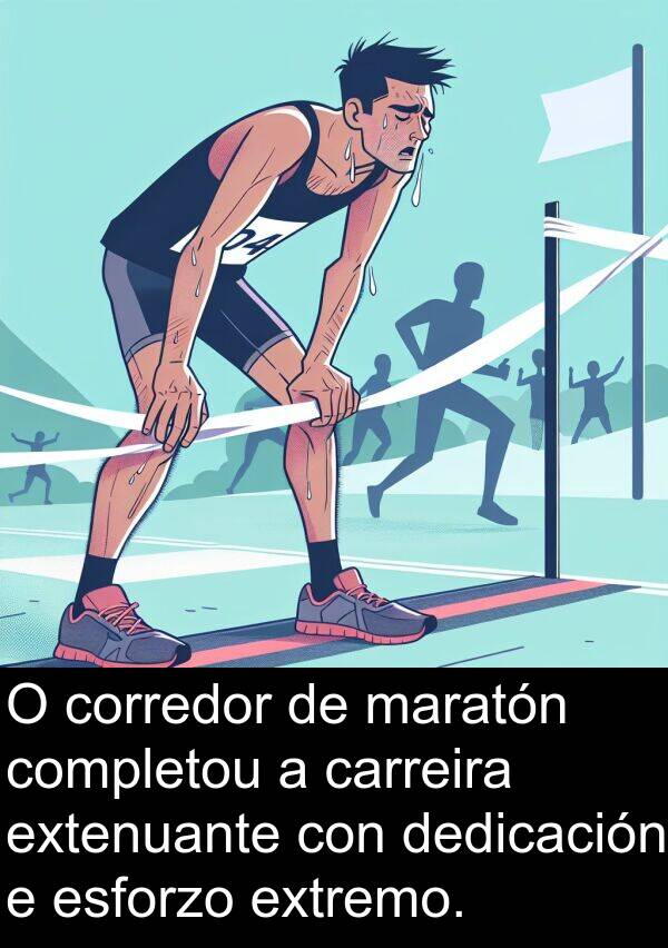 esforzo: O corredor de maratón completou a carreira extenuante con dedicación e esforzo extremo.