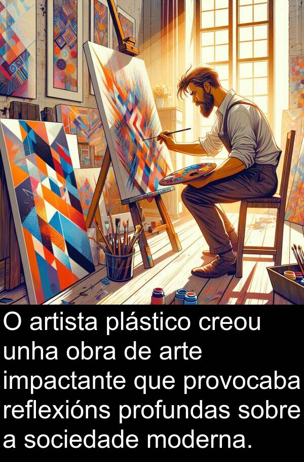 reflexións: O artista plástico creou unha obra de arte impactante que provocaba reflexións profundas sobre a sociedade moderna.