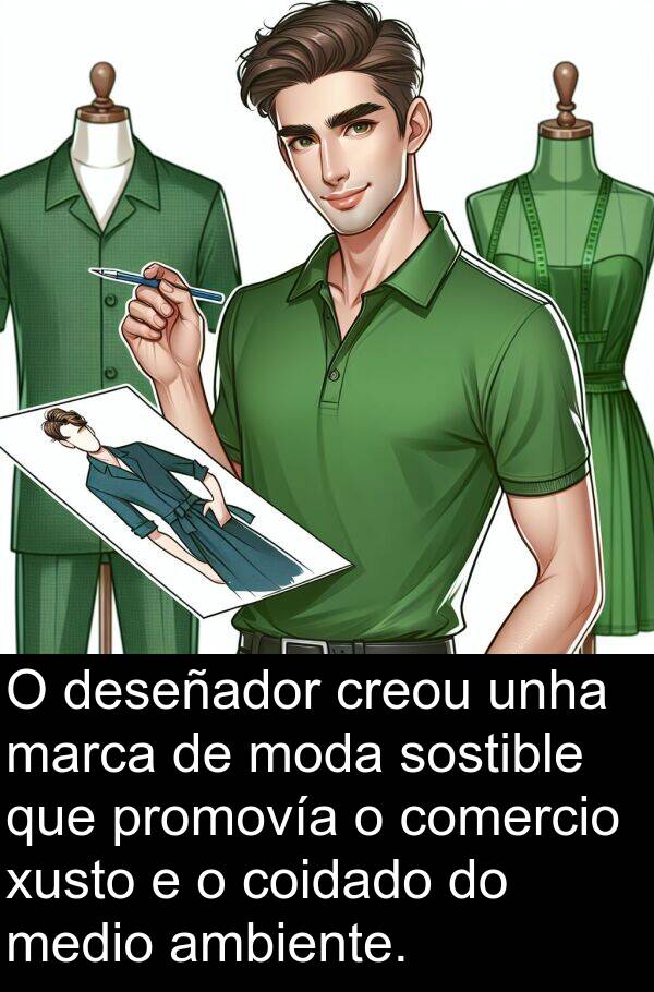 medio: O deseñador creou unha marca de moda sostible que promovía o comercio xusto e o coidado do medio ambiente.
