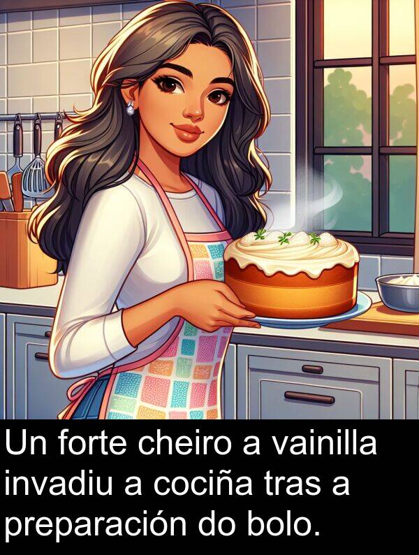 forte: Un forte cheiro a vainilla invadiu a cociña tras a preparación do bolo.