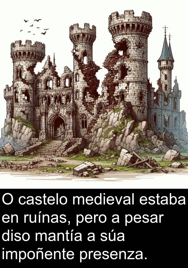 pesar: O castelo medieval estaba en ruínas, pero a pesar diso mantía a súa impoñente presenza.