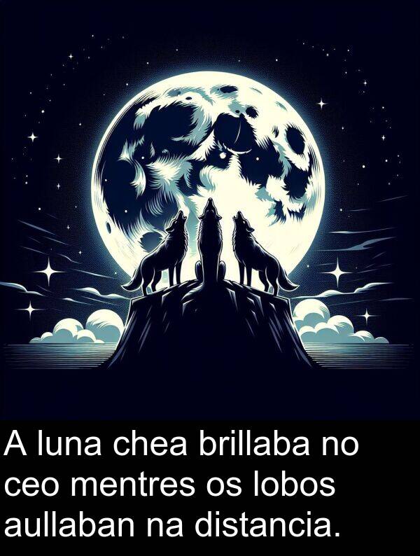 brillaba: A luna chea brillaba no ceo mentres os lobos aullaban na distancia.