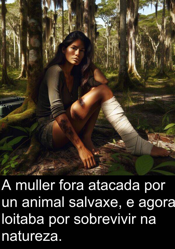 fora: A muller fora atacada por un animal salvaxe, e agora loitaba por sobrevivir na natureza.