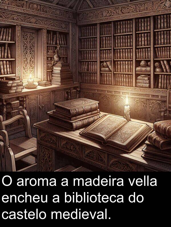 medieval: O aroma a madeira vella encheu a biblioteca do castelo medieval.