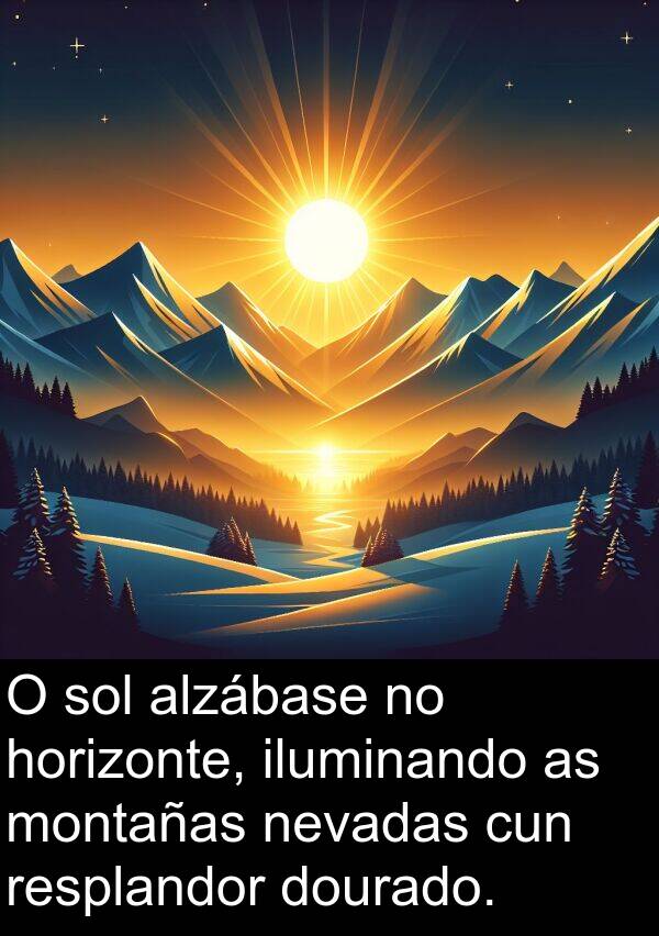 horizonte: O sol alzábase no horizonte, iluminando as montañas nevadas cun resplandor dourado.
