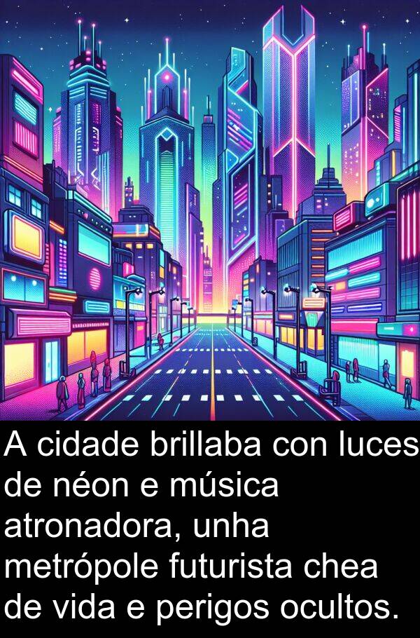 futurista: A cidade brillaba con luces de néon e música atronadora, unha metrópole futurista chea de vida e perigos ocultos.