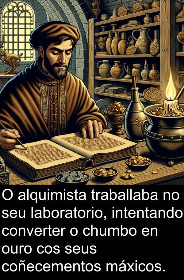 intentando: O alquimista traballaba no seu laboratorio, intentando converter o chumbo en ouro cos seus coñecementos máxicos.