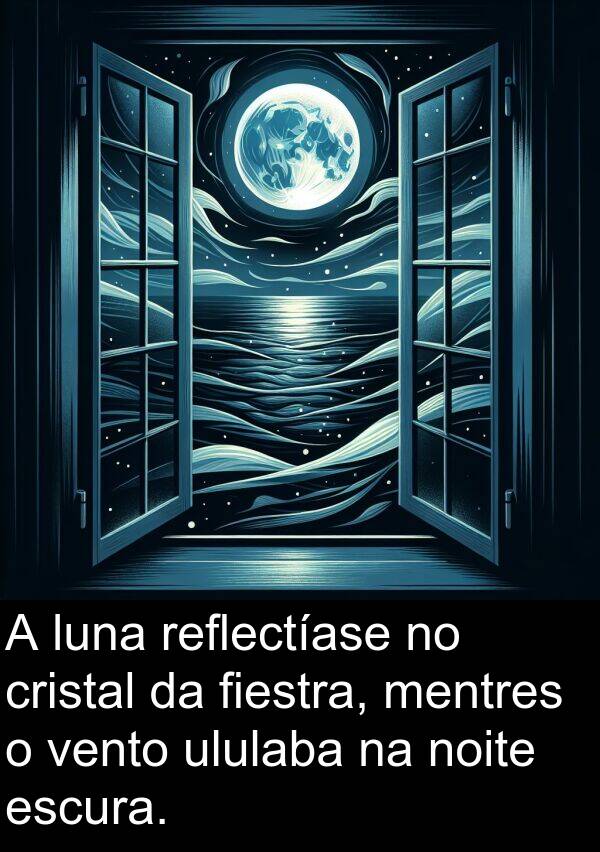 reflectíase: A luna reflectíase no cristal da fiestra, mentres o vento ululaba na noite escura.