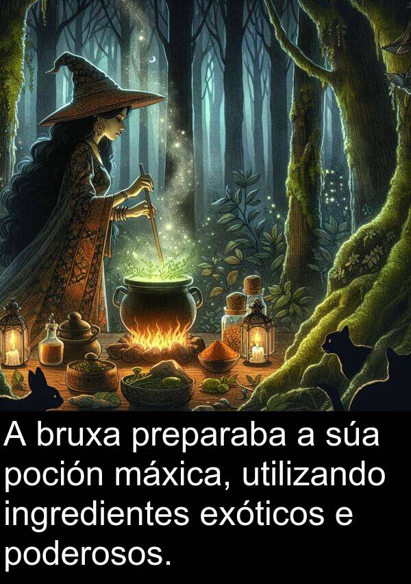 exóticos: A bruxa preparaba a súa poción máxica, utilizando ingredientes exóticos e poderosos.