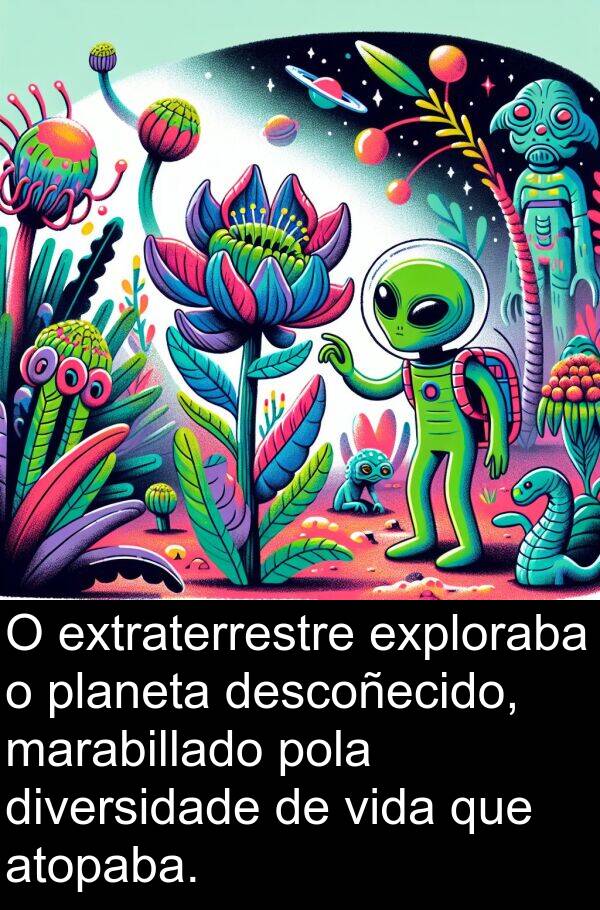 exploraba: O extraterrestre exploraba o planeta descoñecido, marabillado pola diversidade de vida que atopaba.