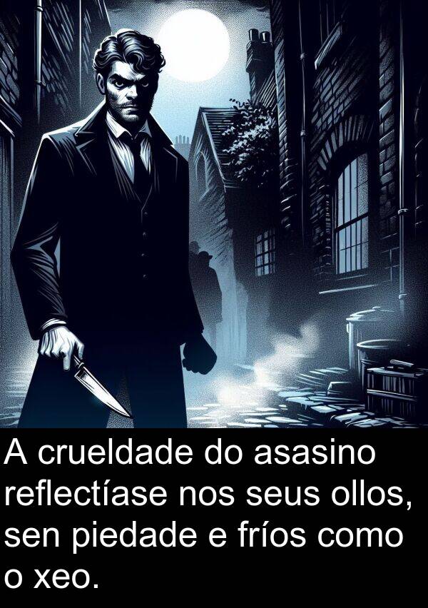 reflectíase: A crueldade do asasino reflectíase nos seus ollos, sen piedade e fríos como o xeo.