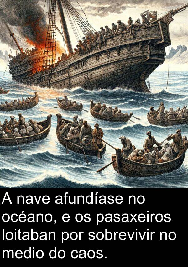medio: A nave afundíase no océano, e os pasaxeiros loitaban por sobrevivir no medio do caos.