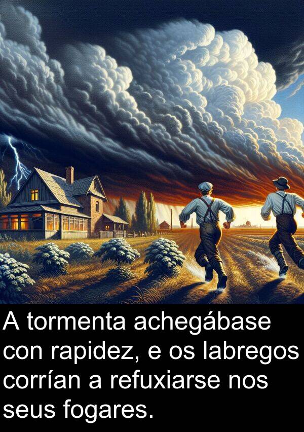 refuxiarse: A tormenta achegábase con rapidez, e os labregos corrían a refuxiarse nos seus fogares.