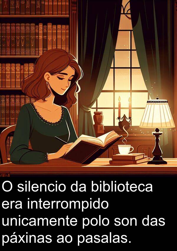 biblioteca: O silencio da biblioteca era interrompido unicamente polo son das páxinas ao pasalas.