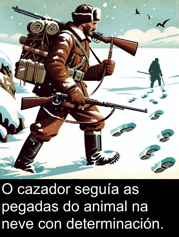 cazador: O cazador seguía as pegadas do animal na neve con determinación.