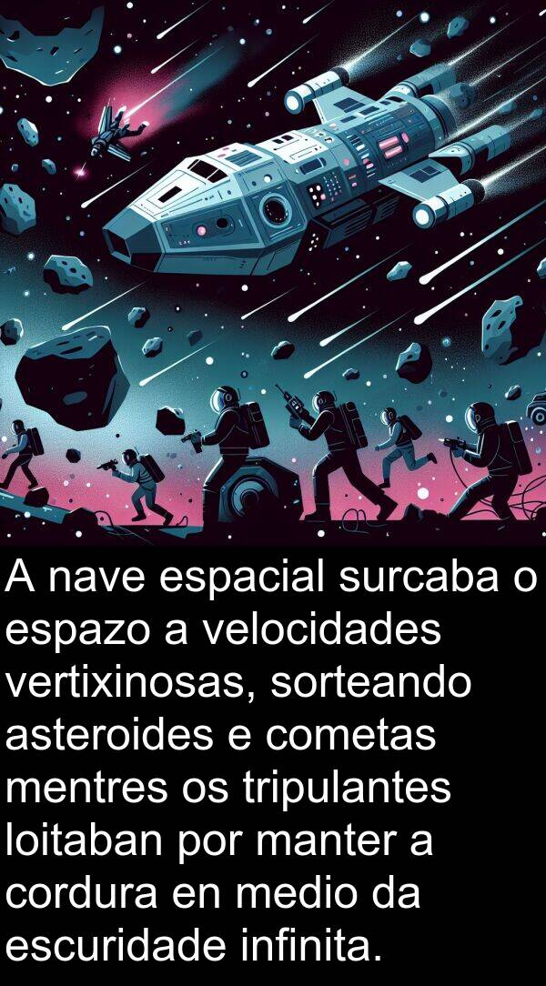 medio: A nave espacial surcaba o espazo a velocidades vertixinosas, sorteando asteroides e cometas mentres os tripulantes loitaban por manter a cordura en medio da escuridade infinita.