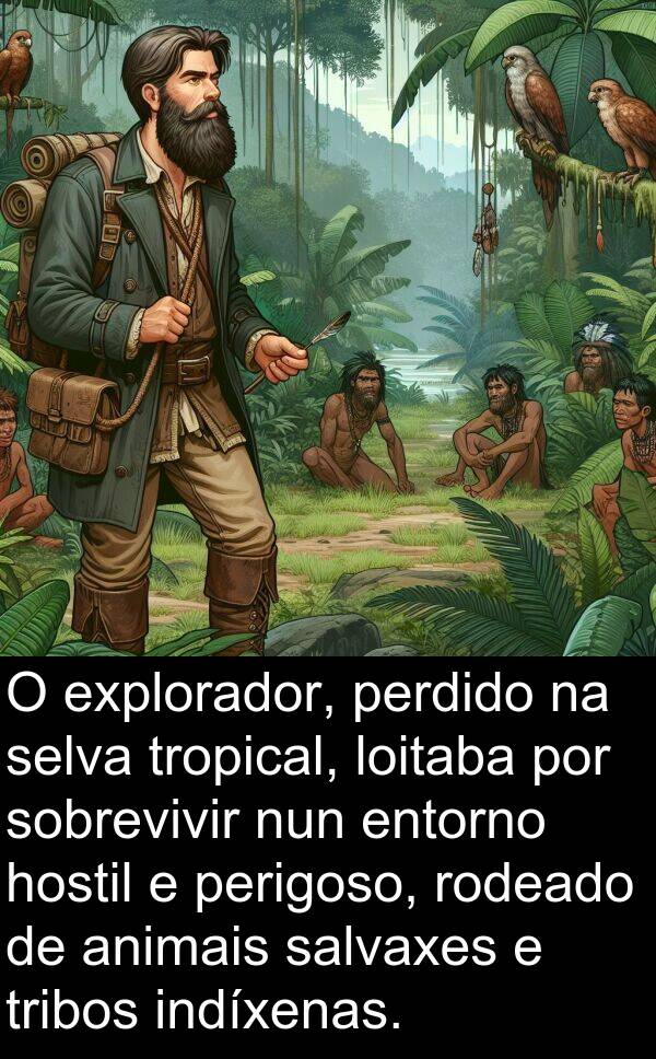 explorador: O explorador, perdido na selva tropical, loitaba por sobrevivir nun entorno hostil e perigoso, rodeado de animais salvaxes e tribos indíxenas.