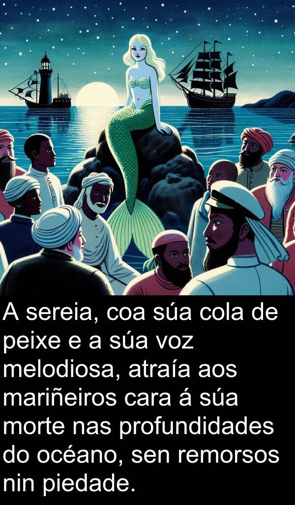 sereia: A sereia, coa súa cola de peixe e a súa voz melodiosa, atraía aos mariñeiros cara á súa morte nas profundidades do océano, sen remorsos nin piedade.