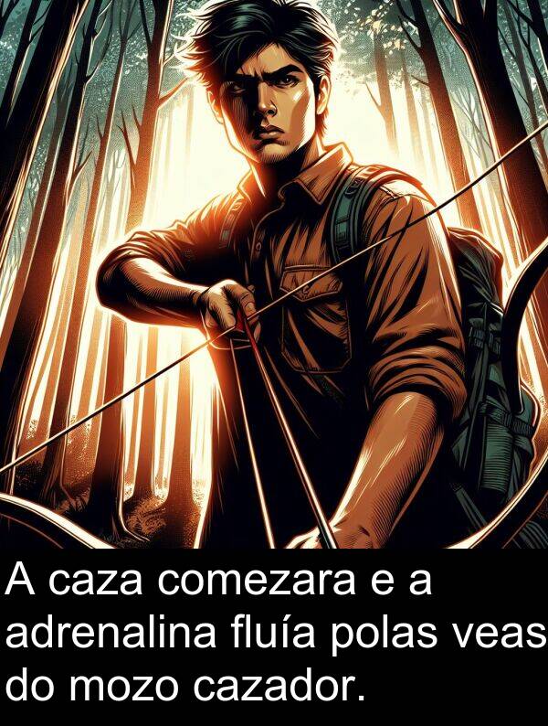 caza: A caza comezara e a adrenalina fluía polas veas do mozo cazador.
