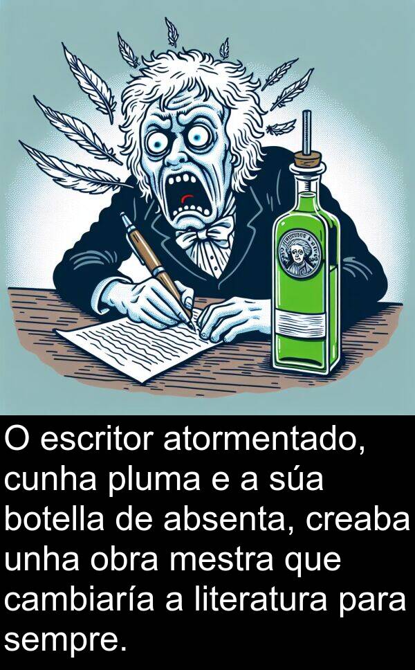 escritor: O escritor atormentado, cunha pluma e a súa botella de absenta, creaba unha obra mestra que cambiaría a literatura para sempre.