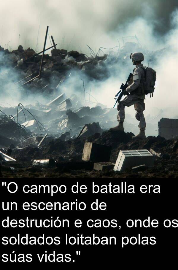destrución: "O campo de batalla era un escenario de destrución e caos, onde os soldados loitaban polas súas vidas."